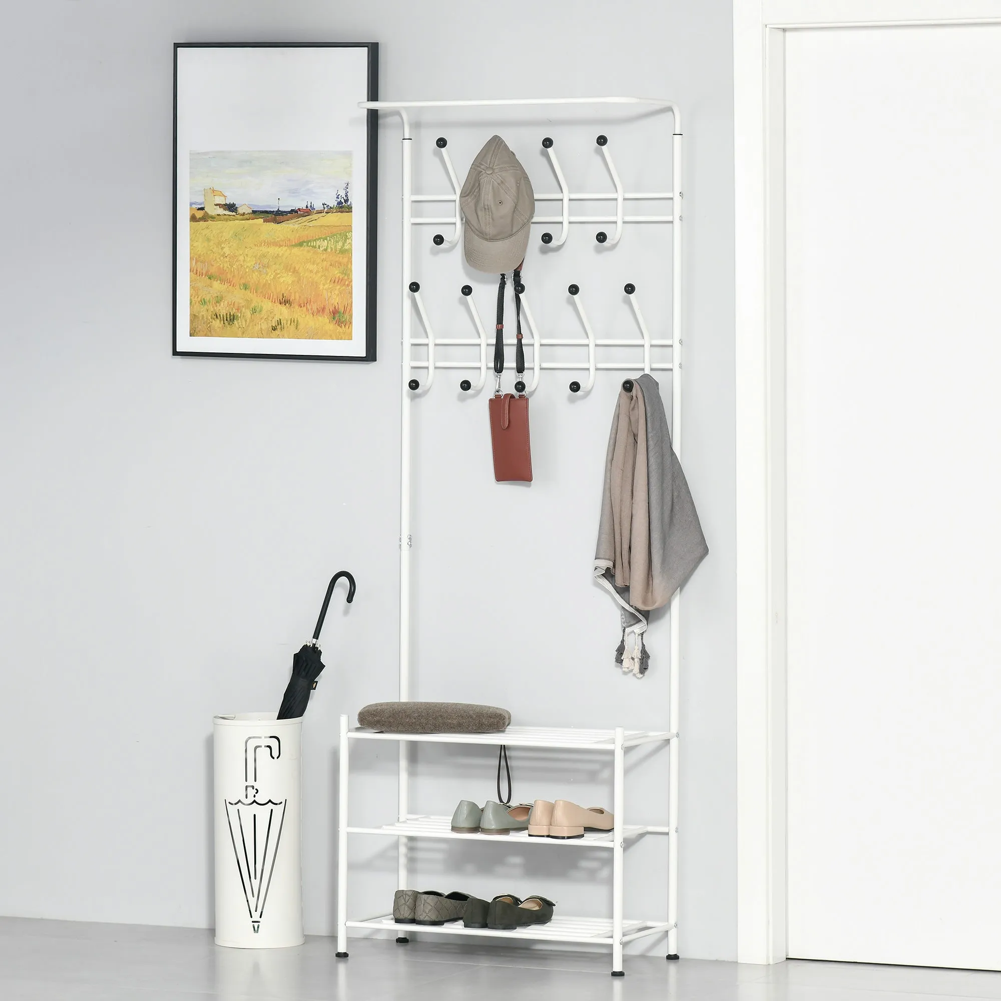 18 Hook Metal Frame Hallway Coat Hanger w/ 3-Tier Shoe Storage White