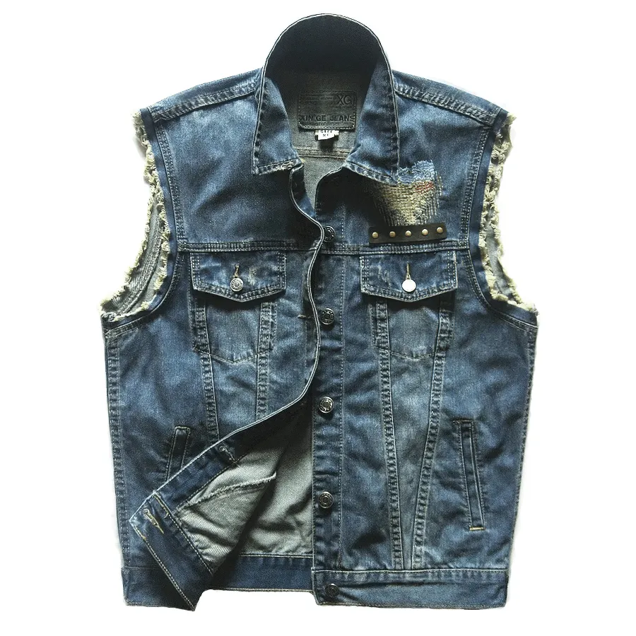 Angel Wings Printed Men's Slim Denim Vest / Single Breasted Sleeveless Jacket for Men