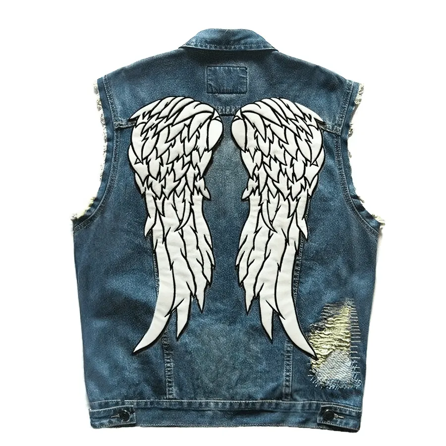 Angel Wings Printed Men's Slim Denim Vest / Single Breasted Sleeveless Jacket for Men