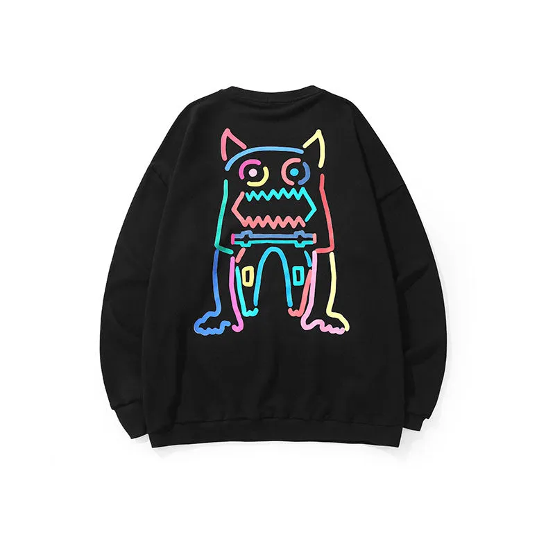 Candy-colored Bigtooth print crew-neck sleeved cotton hoodie