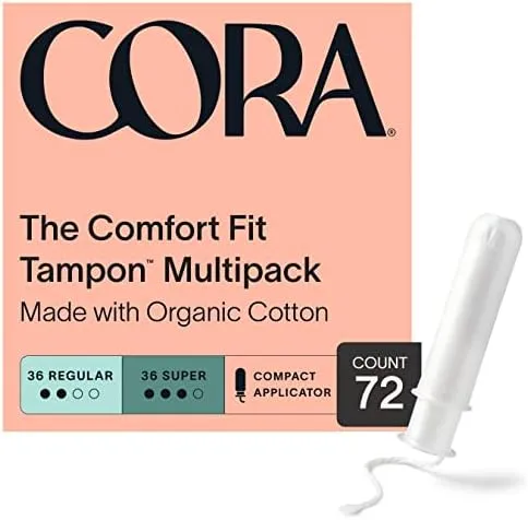 Cora Organic Applicator Tampon Multipack | 18 Regular & 18 Super Absorbency | 100% Organic Cotton, Unscented, Plant-Based Compact Applicator | Leak Protection Easy Insertion Non-Toxic