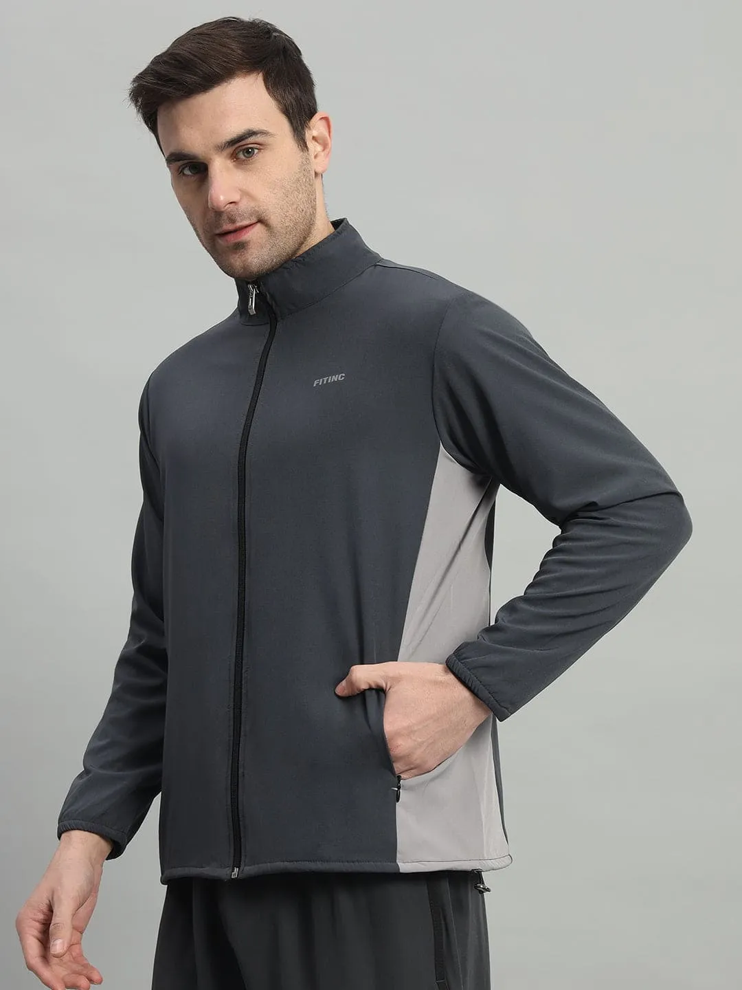 FITINC Dark & Light Grey Contrast Panel Sports Jacket for Men