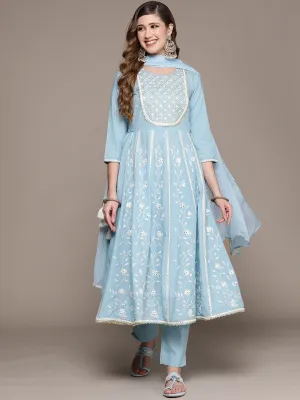 Ishin Women's Blue Embellished Anarkali Kurta with Trouser & Dupatta