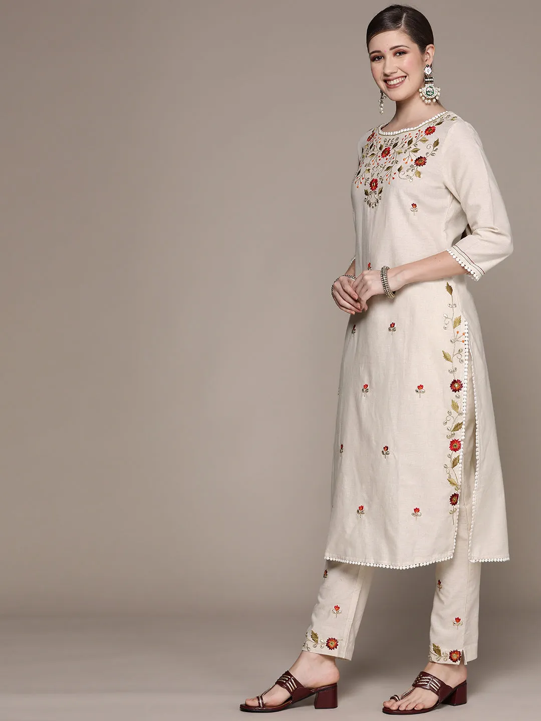 Ishin Women's Off White Embroidered A-Line Kurta with Trouser