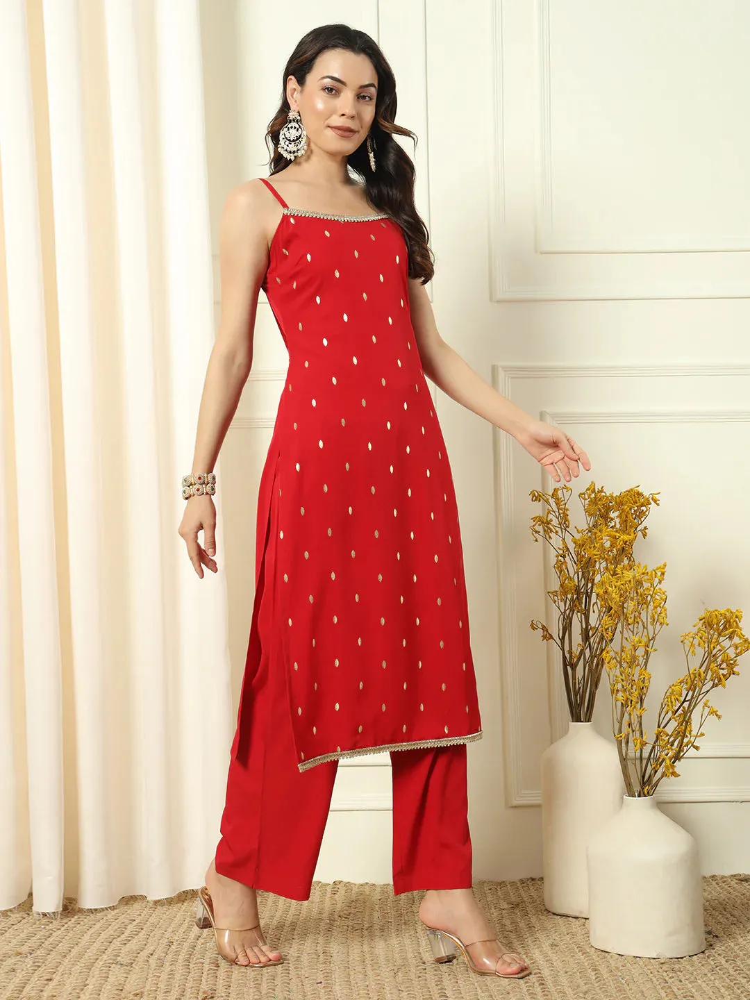 Red Crepe Gold Foil Print Suit Set with Chinon Dupatta