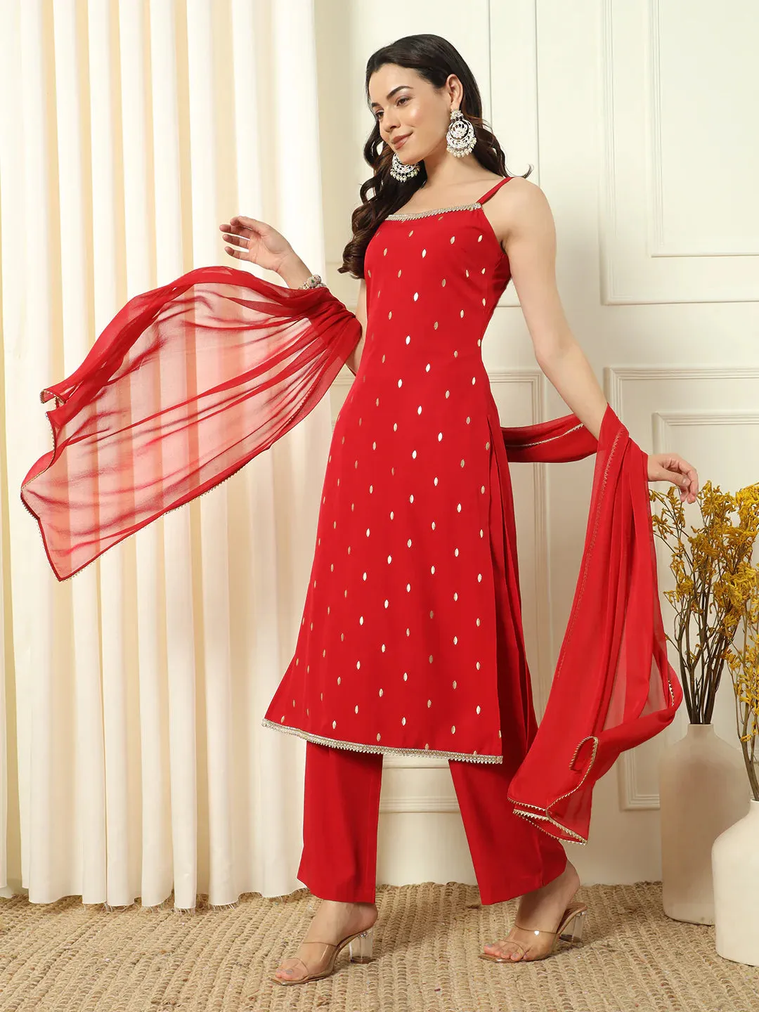 Red Crepe Gold Foil Print Suit Set with Chinon Dupatta