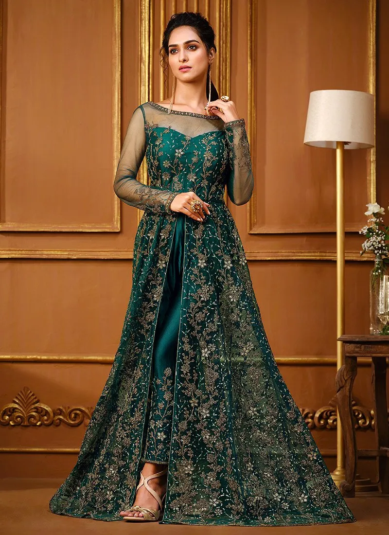 Slit Style Teal Green Net Embellished Anarkali Pant/Lehenga Suit