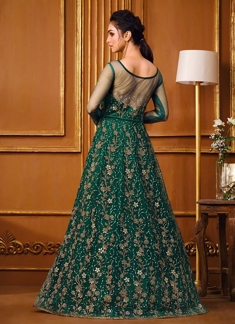 Slit Style Teal Green Net Embellished Anarkali Pant/Lehenga Suit