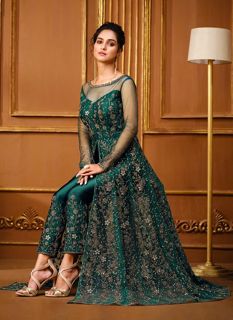 Slit Style Teal Green Net Embellished Anarkali Pant/Lehenga Suit