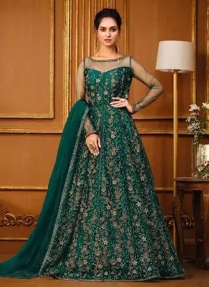 Slit Style Teal Green Net Embellished Anarkali Pant/Lehenga Suit