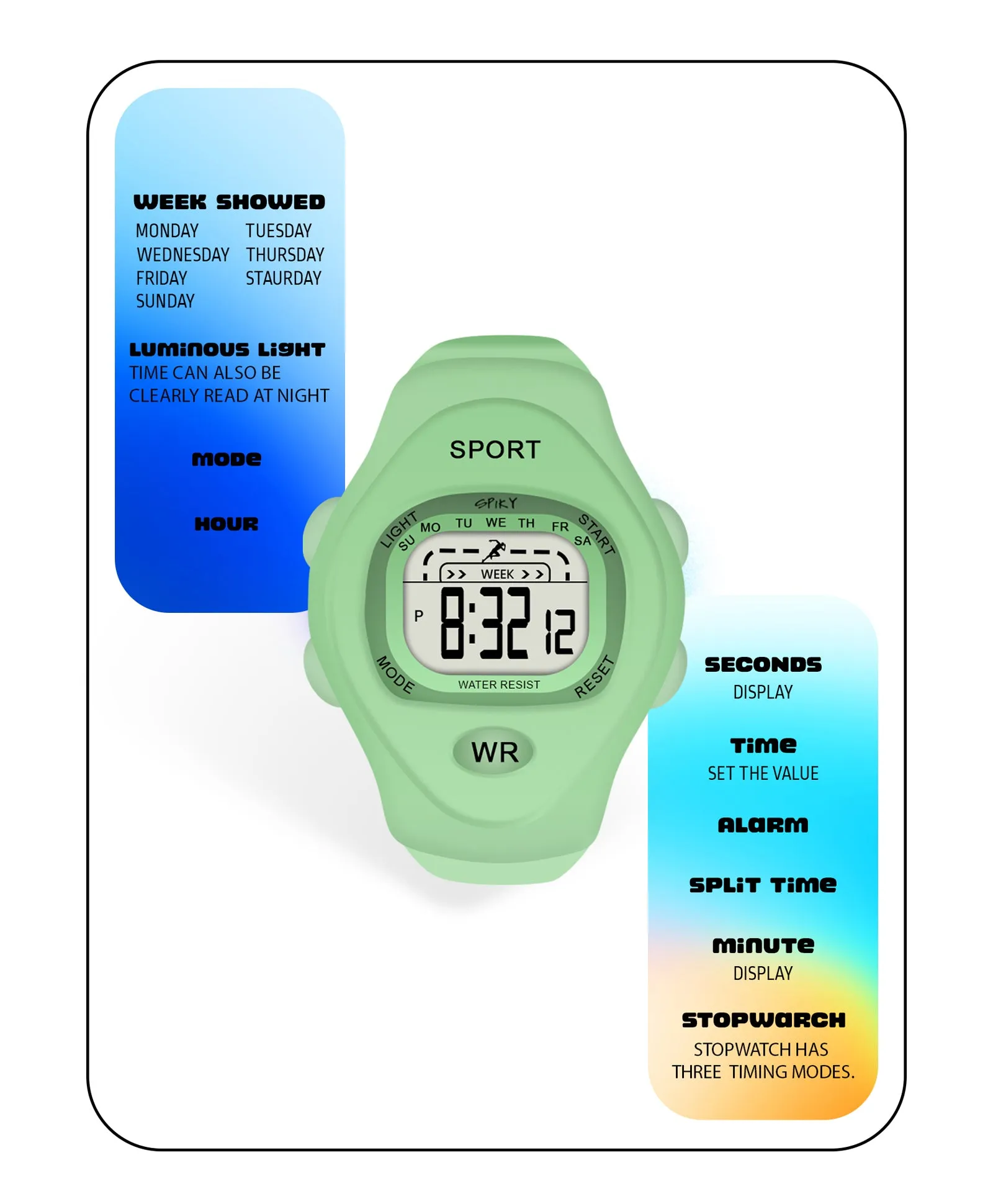 Spiky Rectangular Sports Digital Watch - Green