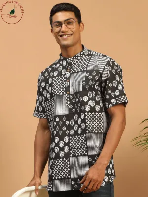 VASTRAMAY Men's Black Printed Cotton Kurta