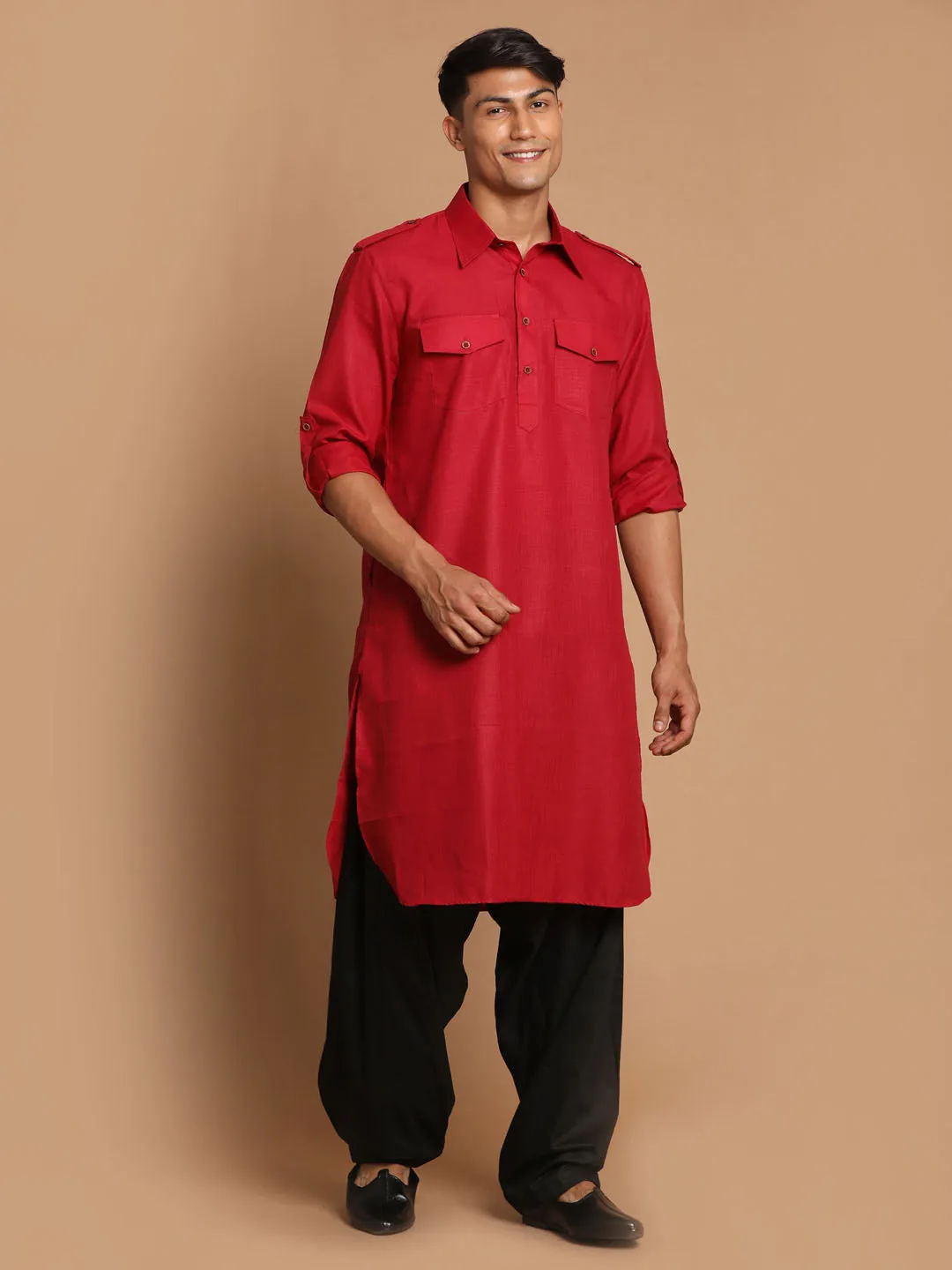 VASTRAMAY Men's Maroon Black Pathani Suit