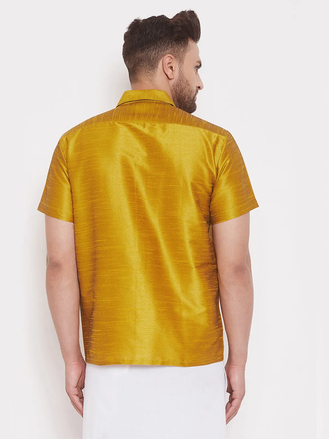 VASTRAMAY Men's Mustard Silk Blend Shirt