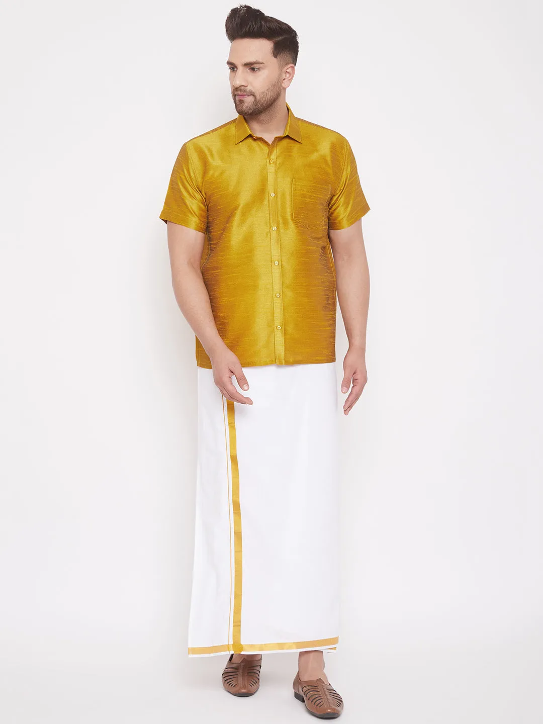 VASTRAMAY Men's Mustard Silk Blend Shirt