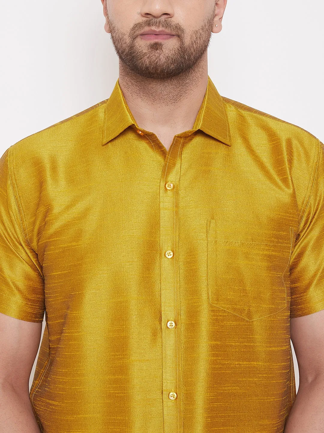 VASTRAMAY Men's Mustard Silk Blend Shirt