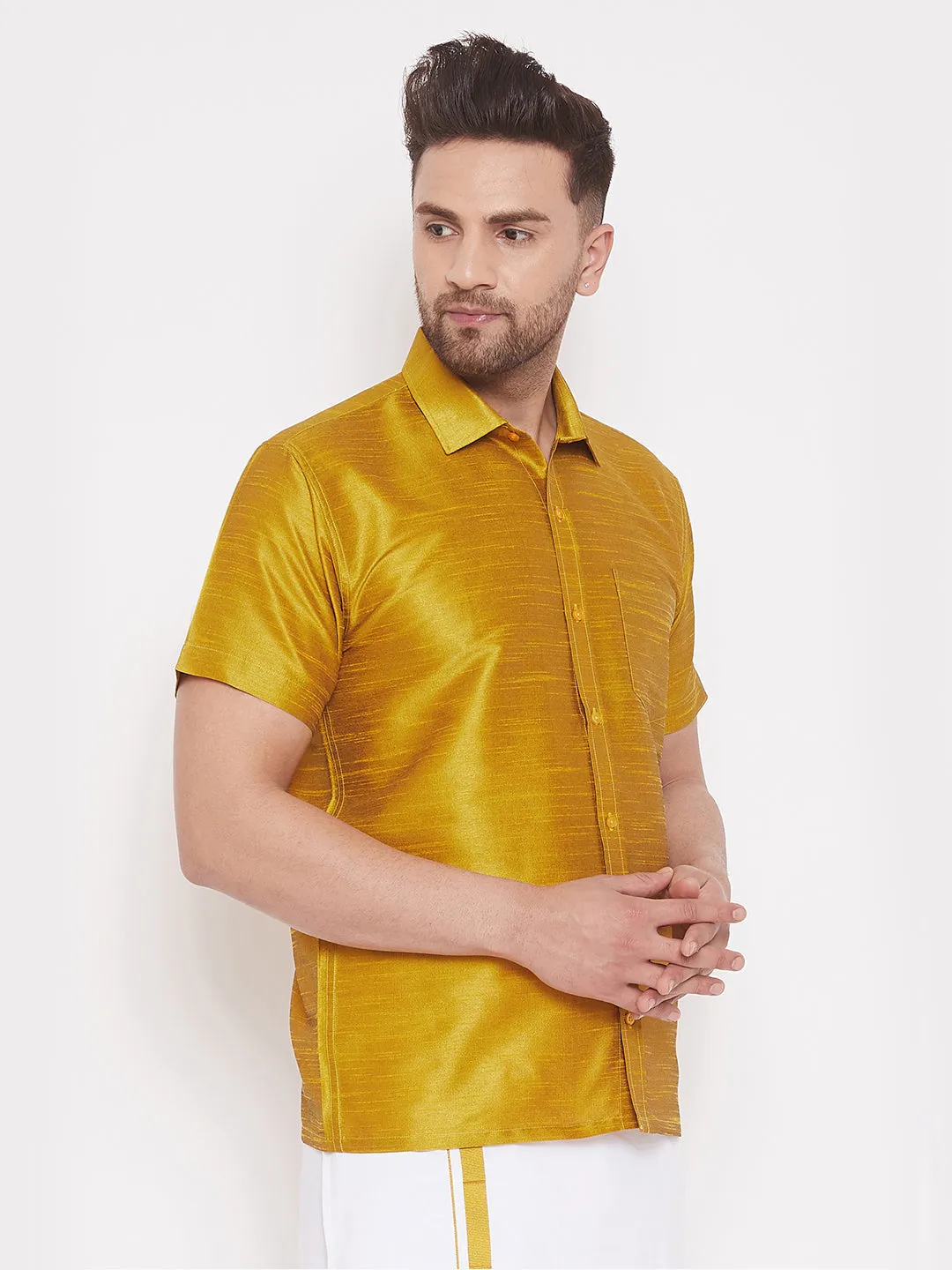 VASTRAMAY Men's Mustard Silk Blend Shirt