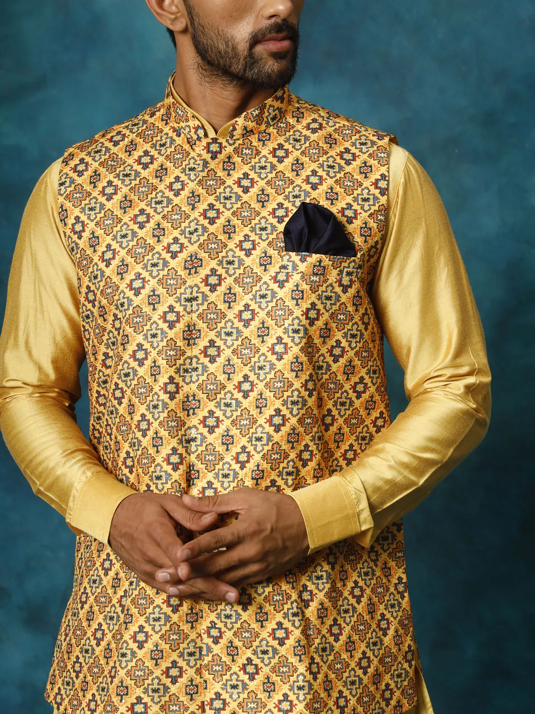 VASTRAMAY Mustard Geometric Nehru Jacket Set