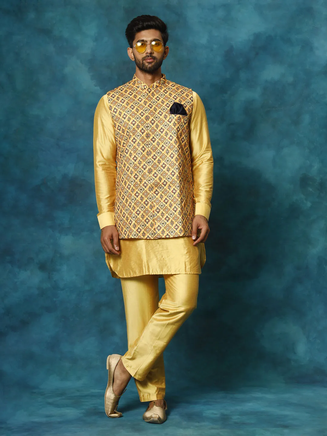 VASTRAMAY Mustard Geometric Nehru Jacket Set