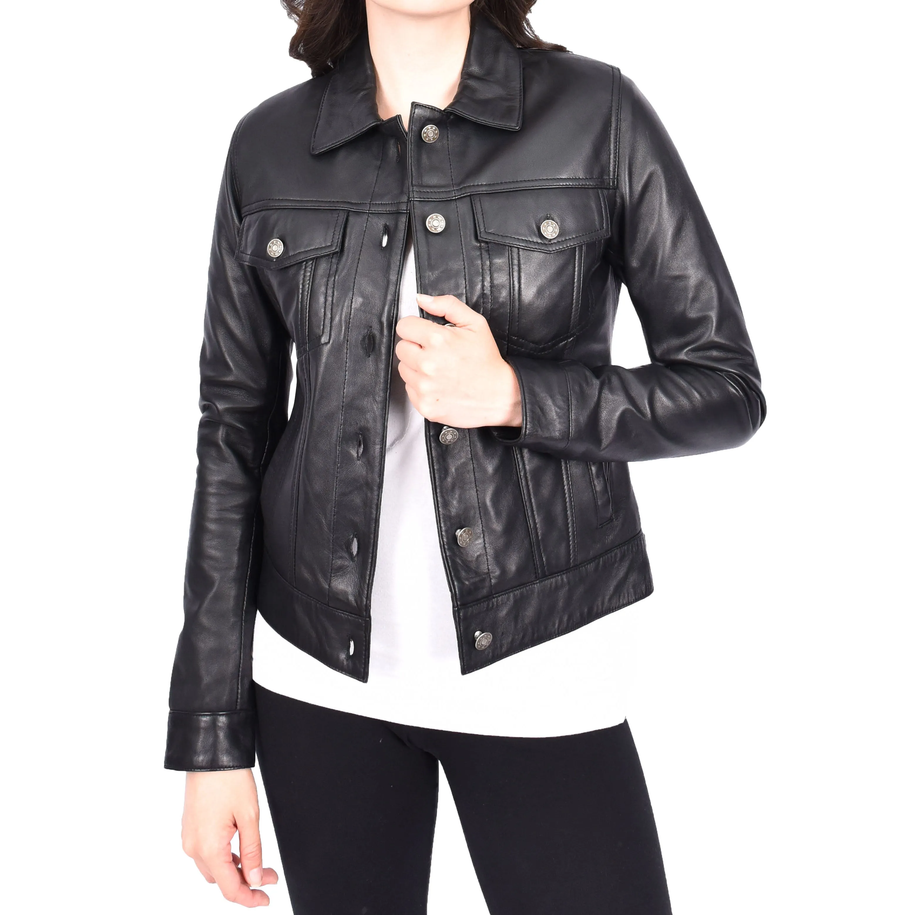 Womens Black Soft Leather Trucker Jacket Fitted Casual Style Zoey