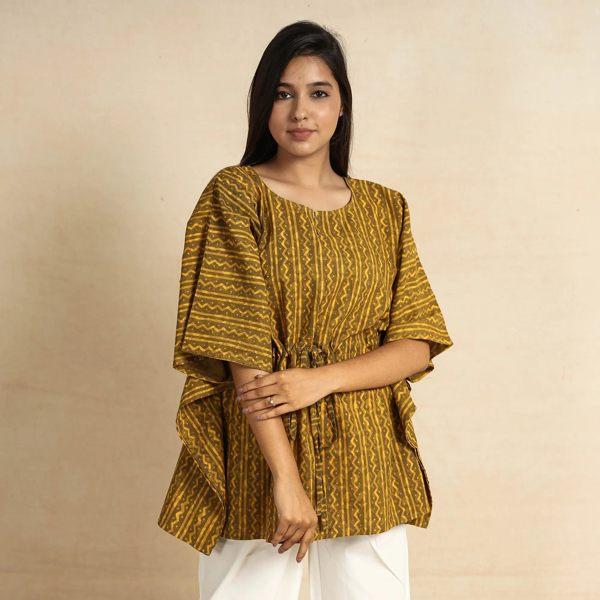 Yellow - Akola Block Printed Cotton Kaftan & Pyjama Night Suit Set