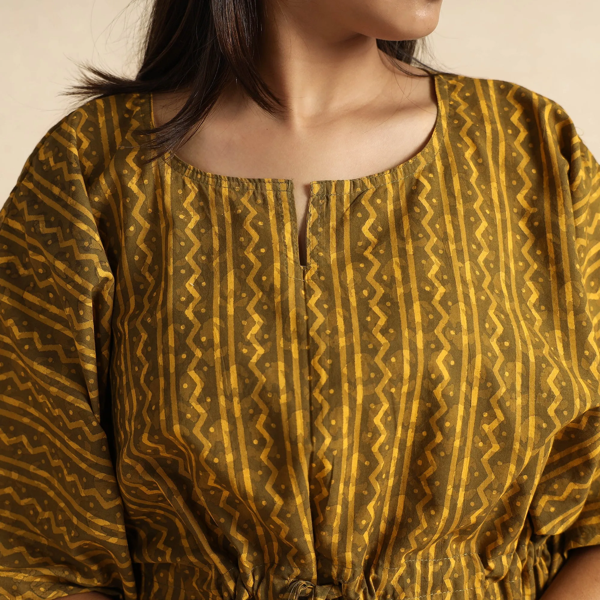 Yellow - Akola Block Printed Cotton Kaftan & Pyjama Night Suit Set