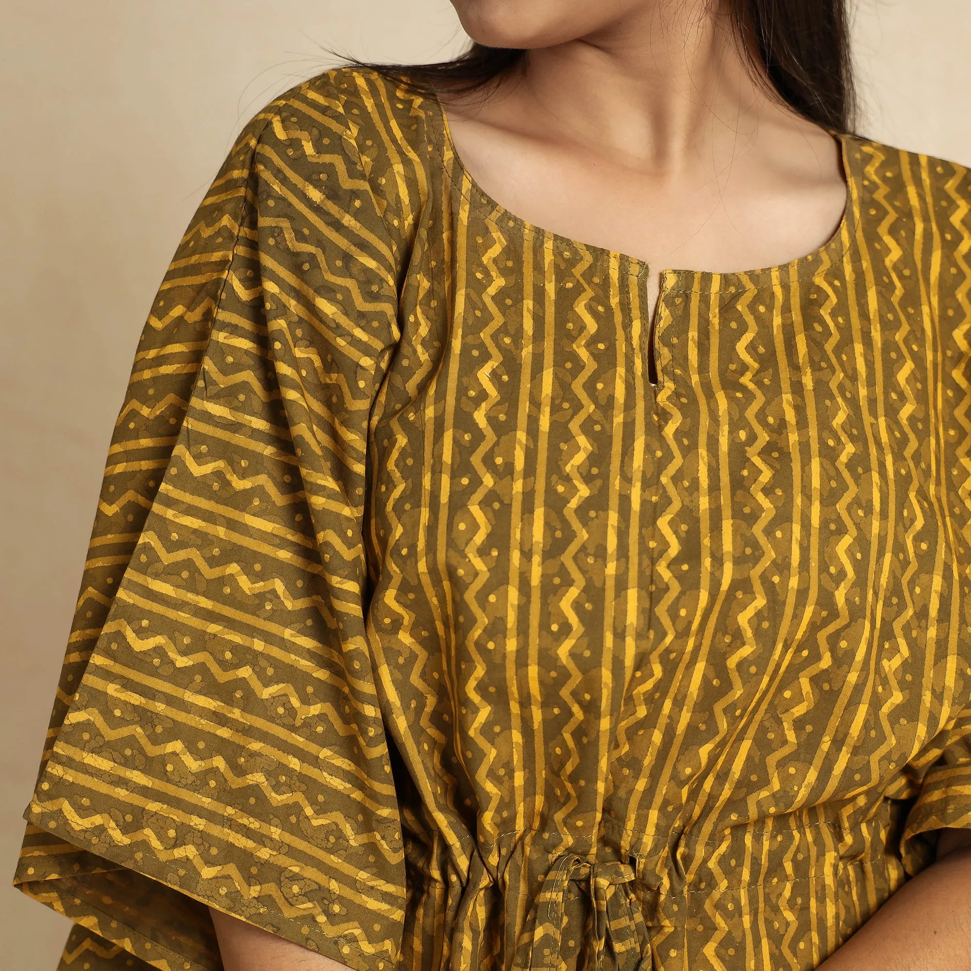 Yellow - Akola Block Printed Cotton Kaftan & Pyjama Night Suit Set